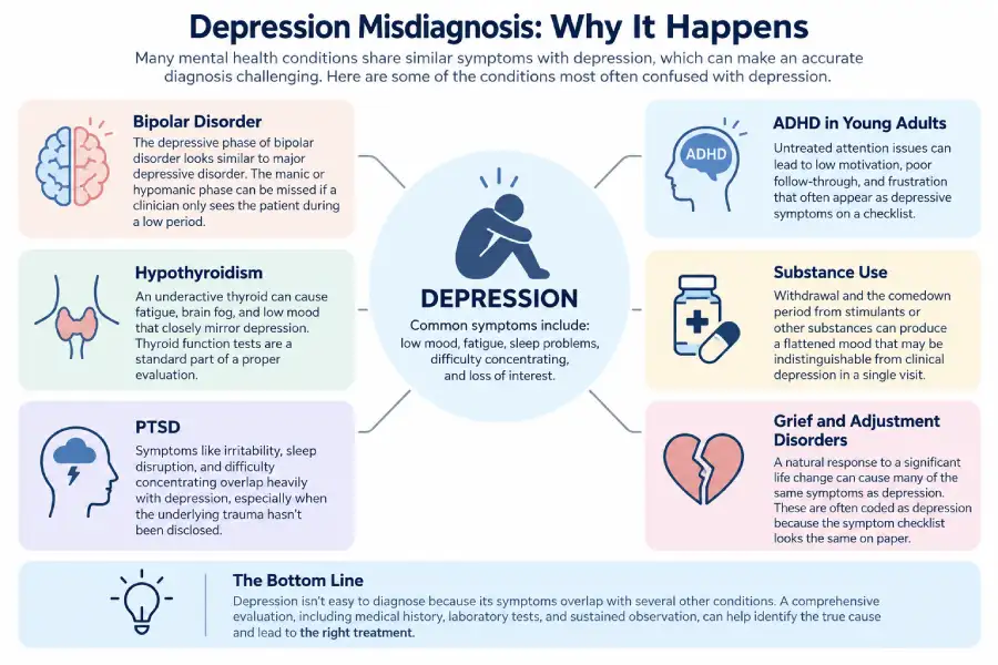 Modern medical infographic titled "Depression Misdiagnosis: Why It Happens" showing depression in the center connected to Bipolar Disorder, ADHD, PTSD, Hypothyroidism, Substance Use, and Grief/Adjustment Disorder.