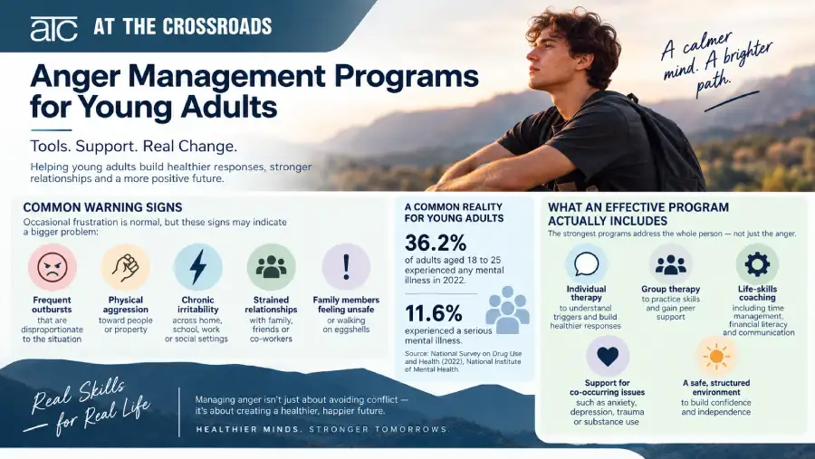 Infographic explaining how anger management programs for young adults combine therapy, life skills coaching, family support, and structured routines for long-term emotional regulation.