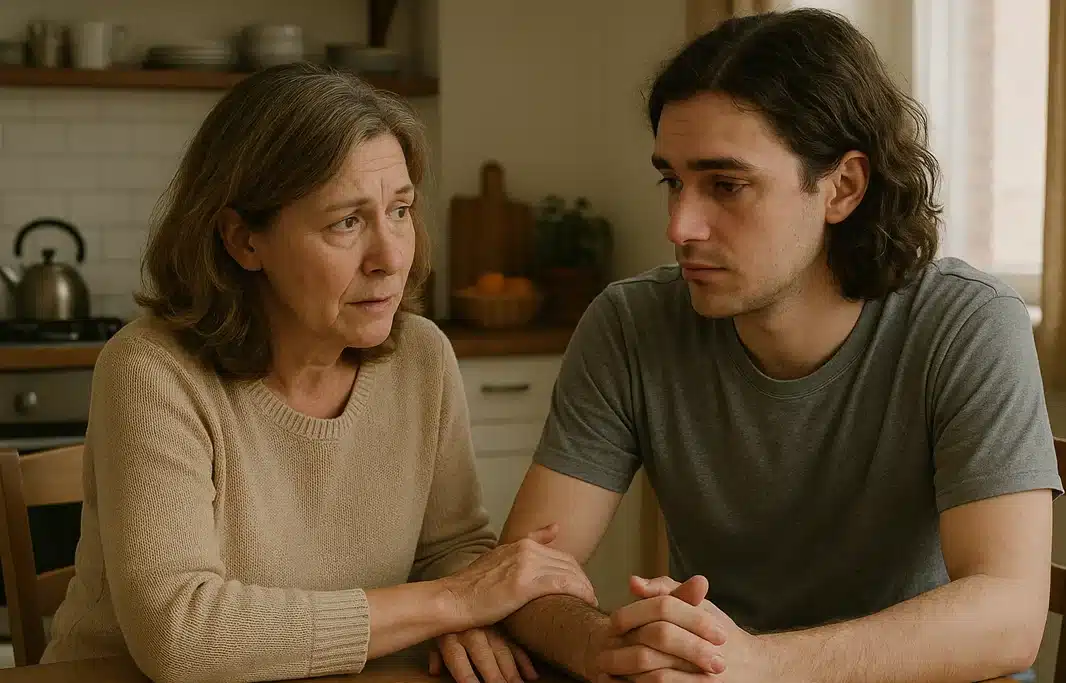 Mother comforting her adult child during a difficult conversation about failure to launch challenges.