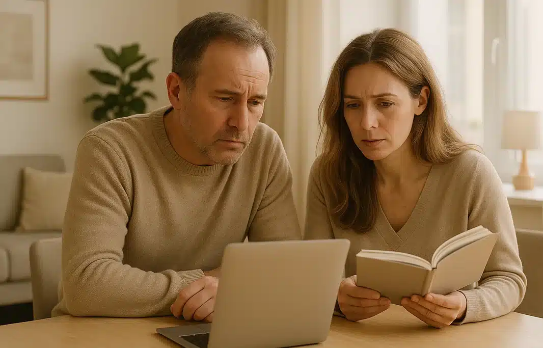 Parents looking concerned while researching a Failure to Launch parents guide for supporting their young adult.