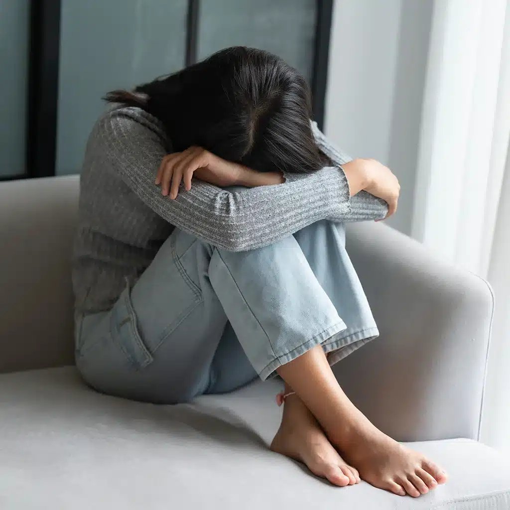 oung woman sitting curled up on a sofa with her head resting on her arms, appearing overwhelmed or emotionally distressed