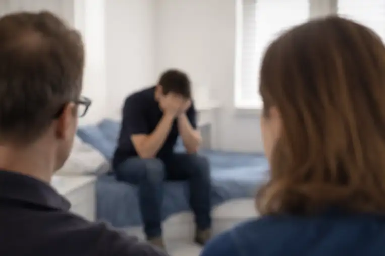 Parents observing their distressed young adult child while seeking guidance on how to help without enabling
