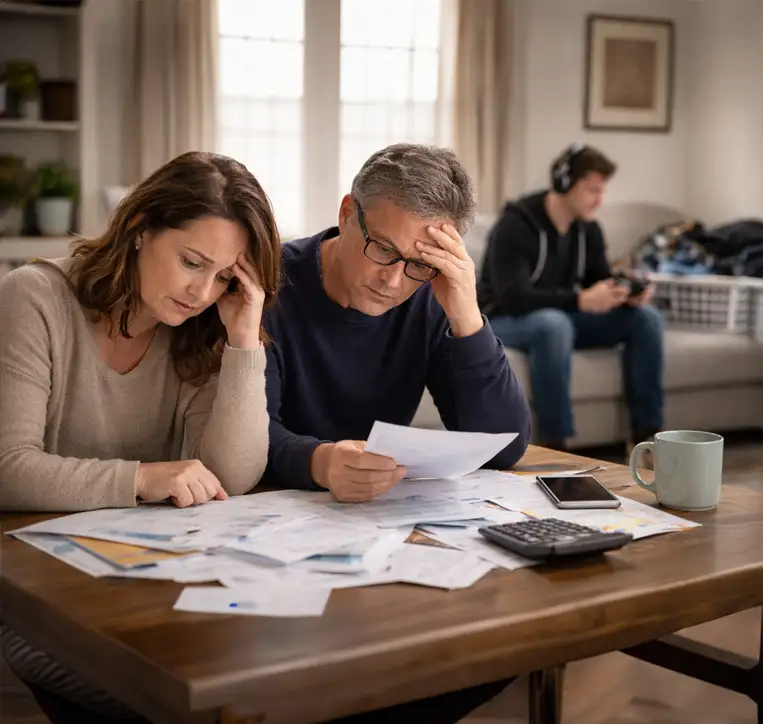 Concerned parents reviewing bills while their young adult remains disengaged in the background, illustrating family stress during failure to launch challenges