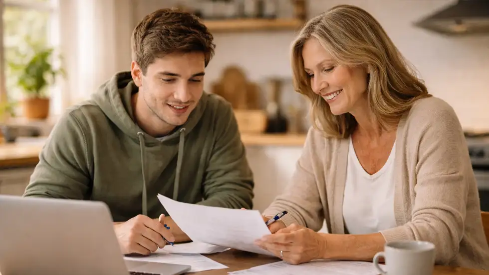 Young adult learning budgeting skills with a mentor at a kitchen table, reviewing financial papers and laptop in a supportive home setting