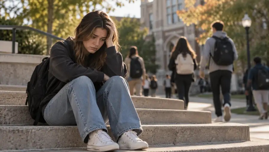 Young adult college student sitting alone on campus steps showing early warning signs of anxiety.