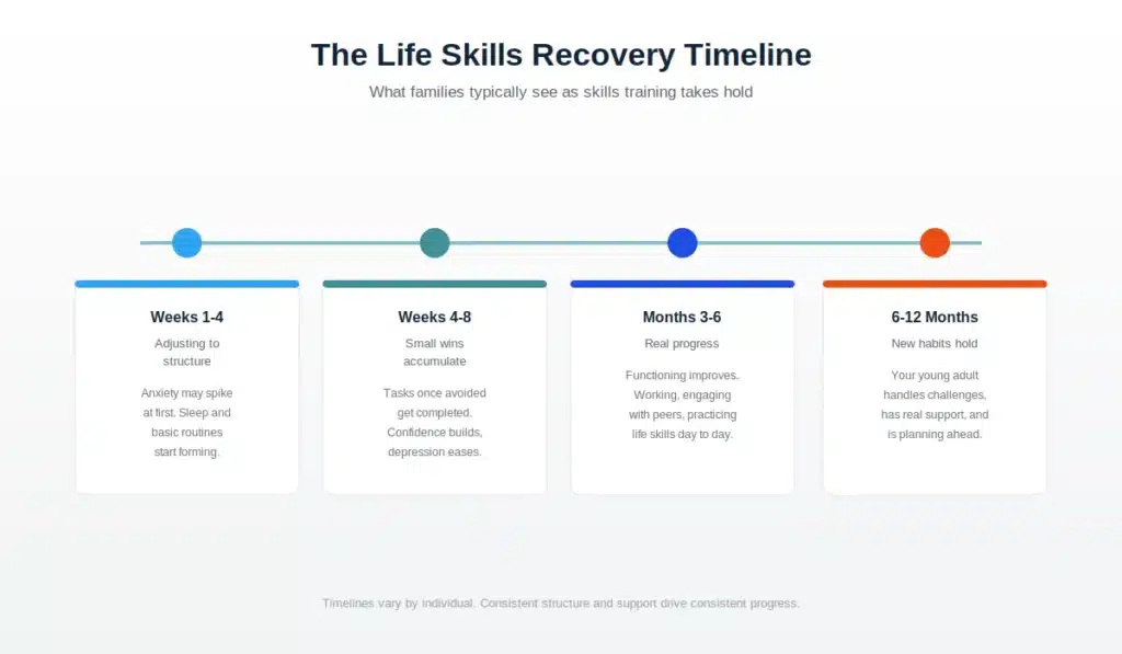 Timeline showing recovery stages in a life skills program for young adults, from week 1 through 12 months.